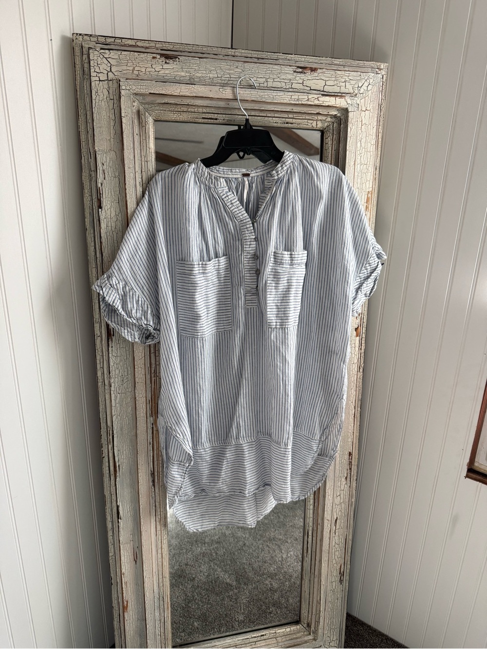 Free People Striped Linen Blend Button-Front Top in White & Blue Size Medium